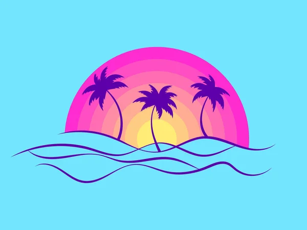 ヤシの木と青い背景に太陽が昇るライン風景アウトライン ミニマルなスタイルで夏の熱帯の風景 Tシャツやバナーを印刷するためのデザイン ベクターイラスト — ストックベクタ