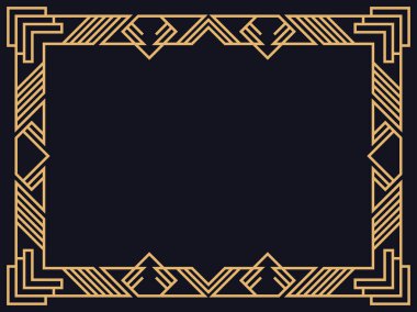 Art deco çerçeve. Siyah arka planda altın renkli klasik doğrusal kenar. Davetiyeler, broşürler ve tebrik kartları için bir şablon tasarla. 1920 'lerin tarzı - 1930' lar. Vektör illüstrasyonu