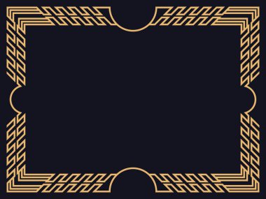 Art deco çerçeve. Siyah arka planda altın renkli klasik doğrusal kenar. Davetiyeler, broşürler ve tebrik kartları için bir şablon tasarla. 1920 'lerin tarzı - 1930' lar. Vektör illüstrasyonu
