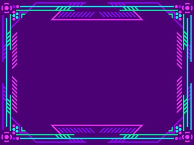 Siberpunk çerçevesi. Fütürist siber punk ve sanal gerçeklik tarzında doğrusal sınır. Çerçevede mesaj var. Davetiyeler, broşürler ve tebrik kartları için bir şablon tasarla. Vektör illüstrasyonu