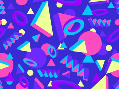 80 'lerin tarzında 3 boyutlu geometrik kusursuz desen. Üç boyutlu izometrik üçgenler, zikzaklar ve daireler. Geometrik memphis tarzı. Promosyon ürünleri, ambalaj kağıdı ve baskı için tasarım. Vektör illüstrasyonu