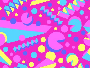 80 'lerin tarzında 3 boyutlu geometrik kusursuz desen. Üç boyutlu izometrik üçgenler, zikzaklar ve daireler. Geometrik memphis tarzı. Promosyon ürünleri, ambalaj kağıdı ve baskı için tasarım. Vektör illüstrasyonu