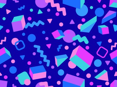 Geometric seamless pattern with 3d shapes in 80s memphis style. Isometric geometric shapes. Colorful background design for promotional products, wrapping paper and printing. Vector illustration