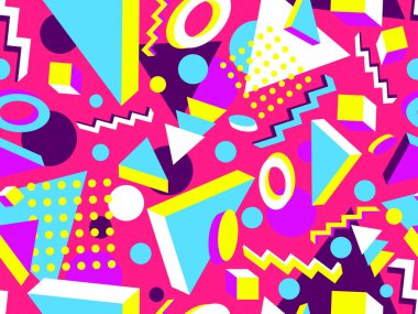 Memphis seamless pattern with 3d geometric shapes in 80s style. Colorful geometric pattern. Design of promotional products, wrapping paper and printing. Vector illustration