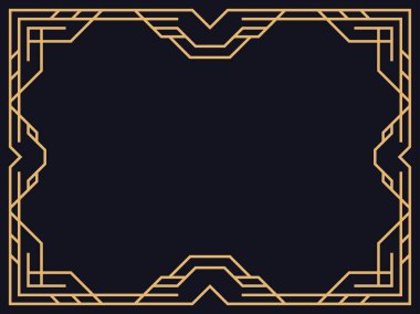 Art deco çerçeve. Siyah arka planda altın renkli klasik doğrusal kenar. Davetiyeler, broşürler ve tebrik kartları için bir şablon tasarla. 1920 'lerin tarzı - 1930' lar. Vektör illüstrasyonu