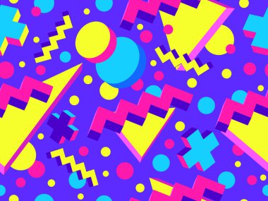 3d geometric seamless pattern in style of the 80s. 3d isometric triangles, squares and circles. Background for promotional products, wrapping paper and printing. Vector illustration clipart