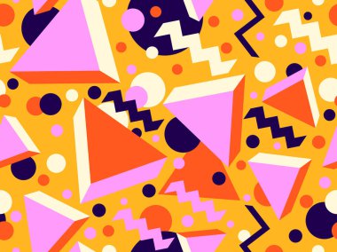 80lerin tarzında 3 boyutlu geometrik kusursuz desen. Üç boyutlu izometrik üçgenler, kareler ve daireler. Promosyon ürünleri, ambalaj kağıdı ve baskı için arka plan. Vektör illüstrasyonu