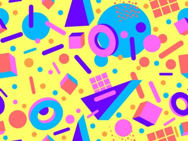 80lerin tarzında 3 boyutlu geometrik kusursuz desen. Üç boyutlu izometrik üçgenler, kareler ve daireler. Promosyon ürünleri, ambalaj kağıdı ve baskı için arka plan. Vektör illüstrasyonu