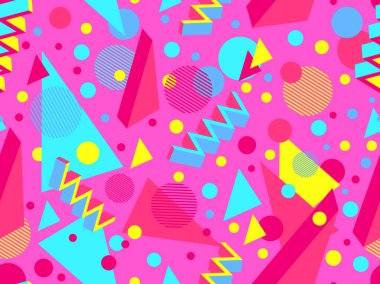 80lerin tarzında 3 boyutlu geometrik kusursuz desen. Üç boyutlu izometrik üçgenler, kareler ve daireler. Promosyon ürünleri, ambalaj kağıdı ve baskı için arka plan. Vektör illüstrasyonu