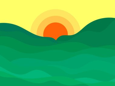 Yeşil tepeli dalgalı bir manzara ve ufukta güneş var. Minimalist tarzda yeşil çayırlı şafak. Posterler, baskılar ve afişler için tasarım. Vektör illüstrasyonu