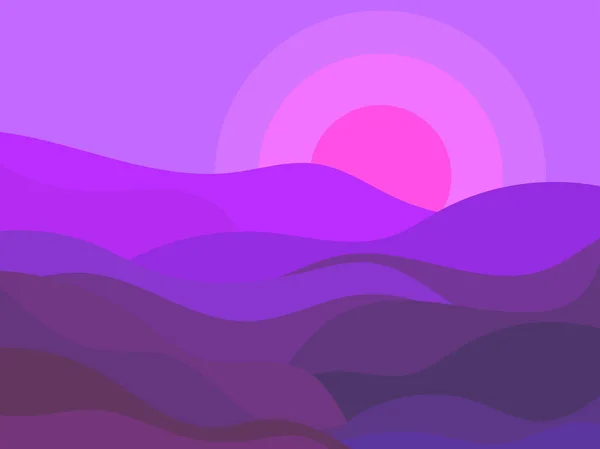 Landscape Wavy Hills Sunset Minimalist Style Dusk Hills Purple Lilac — Stock Vector