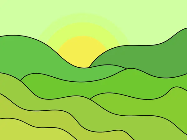 以简约风格呈现绿色波浪形景观 黎明时分与太阳相望的群山 平原和高山 Boho装饰 用于印刷横幅 书皮的设计 矢量说明 — 图库矢量图片