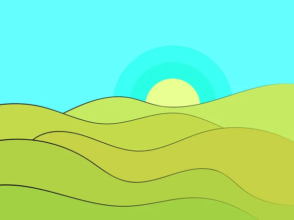 Πράσινο Κυματιστό Τοπίο Μινιμαλιστικό Ύφος Άποψη Των Λόφων Τον Ήλιο — Διανυσματικό Αρχείο