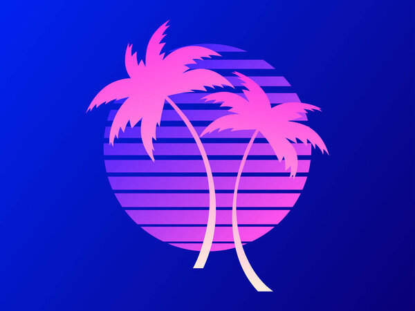 Два пальмы на закате 80-х в стиле ретро-фантастики. Летнее время. Футуристическая солнечная ретро волна. Дизайн рекламных брошюр, баннеров, плакатов, туристических агентств. Векторная иллюстрация