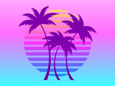 80 'lerin modası geçmiş bilim kurgu tarzında günbatımında palmiye ağaçları. Eğimli güneşin arka planına karşı eğimli palmiye ağaçları. Gelecekçi güneş retro dalgası. Broşür, afiş ve poster tasarımı. Vektör illüstrasyonu