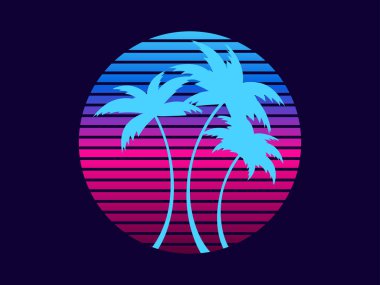 Günbatımında 80 'lerin stiliyle geçmişe dönük palmiye ağaçları. Yaz zamanı, güneşin arka planında palmiye ağaçları, sentetik dalga tarzı. Reklam broşürleri ve afişler için tasarım. vektör illüstrasyonu