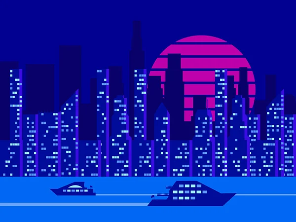 Night City Skyscrapers Yachts City Landscape Suns Retro Futuristic Style — Stock Vector