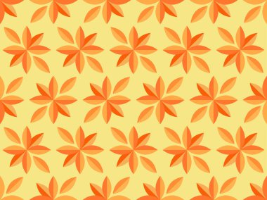 Yaprakları minimalist tarzda olan sonbahar pürüzsüz deseni. Sonbahar yaprakları sarı, turuncu, kırmızıdır. Yaprak düştü. Kumaş, kağıt, poster ve afiş basmak için tasarlandı. Vektör illüstrasyonu