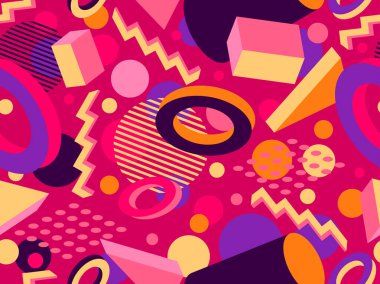 80 'lerin tarzında 3 boyutlu geometrik kusursuz desen. Üç boyutlu izometrik üçgenler, zikzaklar ve daireler. Geometrik memphis tarzı. Promosyon ürünleri, ambalaj kağıdı ve baskı için tasarım. Vektör illüstrasyonu