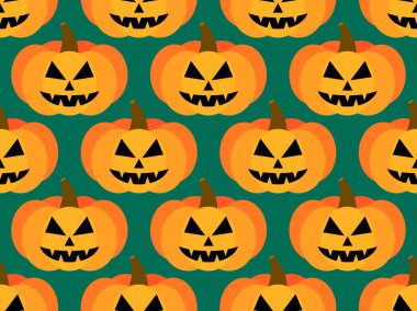 Cadılar Bayramı balkabakları kusursuz desen. Cadılar Bayramı oyulmuş kabak surat. 31 Ekim Cadılar Bayramın kutlu olsun, şeker mi şaka mı? Balkabağı feneri. Baskı, posterler ve afişler için tasarım. Vektör illüstrasyonu