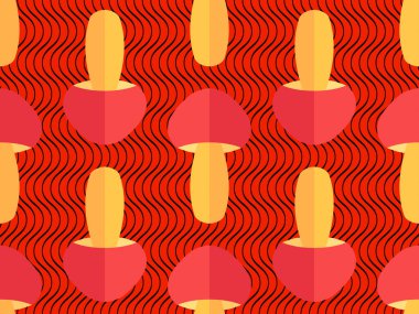 Kırmızı arka planda siyah dalgalı çizgili mantarlı kusursuz desen. Halüsinojenik mantarlar, psikedelik arka plan. Posterler, afişler ve duvar kağıtları için tasarım. Vektör illüstrasyonu