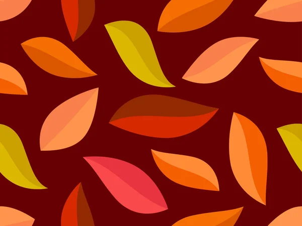 秋のシームレスなパターンと葉がミニマリストスタイル 多彩な紅葉が濃い赤い背景に残っています 葉が落ちる ポスター バナーに印刷するためのデザイン ベクトルイラスト — ストックベクタ