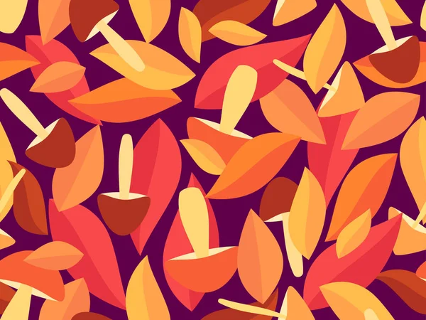 Pilze Mit Herbstblättern Haben Ein Nahtloses Muster Herbst Hintergrund Mit — Stockvektor