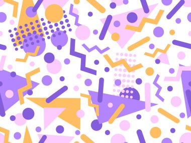 80 'lerin tarzında, geometrik şekilli, kusursuz Memphis deseni. Renkli geometrik desen. Promosyon ürünleri tasarımı, ambalaj kağıdı ve baskı. Vektör illüstrasyonu