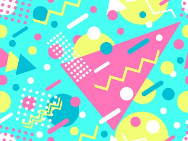 80 'lerin tarzında, geometrik şekilli, kusursuz Memphis deseni. Renkli geometrik desen. Promosyon ürünleri tasarımı, ambalaj kağıdı ve baskı. Vektör illüstrasyonu