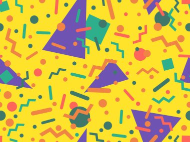 80 'lerin tarzında Memphis elementleriyle geometrik kusursuz desen. Renkli geometrik desen. Promosyon ürünleri tasarımı, ambalaj kağıdı ve baskı. Vektör illüstrasyonu