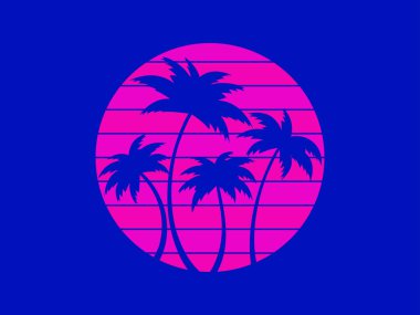 Günbatımında tropik palmiye ağaçları 80 'ler tarzında. Yaz zamanı, sentetik dalgada ve ters dalgada palmiye ağaçlarının siluetleri. Reklam broşürleri ve afişler tasarımı. vektör illüstrasyonu