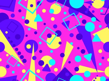 80 'lerin tarzında Memphis elementleriyle geometrik kusursuz desen. Renkli geometrik desen. Promosyon ürünleri tasarımı, ambalaj kağıdı ve baskı. Vektör illüstrasyonu