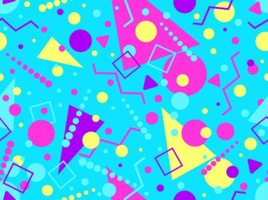 80 'lerin tarzında Memphis elementleriyle geometrik kusursuz desen. Renkli geometrik desen. Promosyon ürünleri tasarımı, ambalaj kağıdı ve baskı. Vektör illüstrasyonu