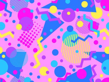 80 'lerin tarzında, geometrik şekilli, kusursuz Memphis deseni. Renkli geometrik desen. Promosyon ürünleri tasarımı, ambalaj kağıdı ve baskı. Vektör illüstrasyonu