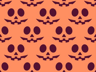 Korkunç yüzleri olan kusursuz bir Cadılar Bayramı deseni. Cadılar Bayramı oyulmuş kabak surat. 31 Ekim Cadılar Bayramın kutlu olsun, Jack-o-fener. Duvar kağıdı, ambalaj kağıdı ve poster için şenlik tasarımı. Vektör illüstrasyonu