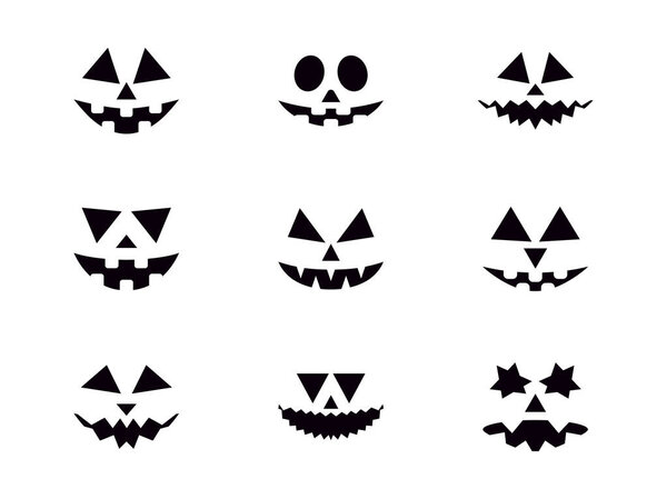 Halloween carved pumpkin face set isolated on white background. Scary faces icon collection. Happy Halloween October 31st, trick or treat. Jack-o-lantern. Design for print. Vector illustration