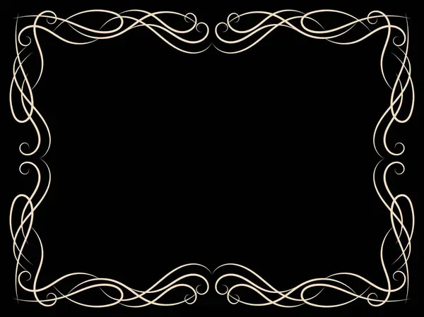 ヴィンテージフレームを飾る 黒い背景のスワールドオーナメント 装飾カール ヴィンテージのリニアボーダーとカリキュラム 招待状 リーフレット グリーティングカードのテンプレートをデザインします ベクトルイラスト — ストックベクタ