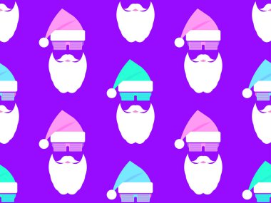 Noel Baba 'yla 80' ler tarzında kusursuz bir Noel deseni. Noel Baba gözlüklü, sakallı ve şapkalı bir parti çocuğu. Kutlama kartları, baskılar ve duvar kağıtları için Xmas tasarımı. Vektör illüstrasyonu