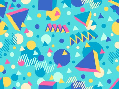 Memphis seamless pattern with 3d geometric shapes in 80s style. Colorful geometric pattern. Design of promotional products, wrapping paper and printing. Vector illustration