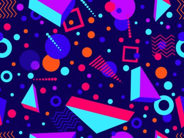 Memphis seamless pattern with 3d geometric shapes in 80s style. Colorful geometric pattern. Design of promotional products, wrapping paper and printing. Vector illustration