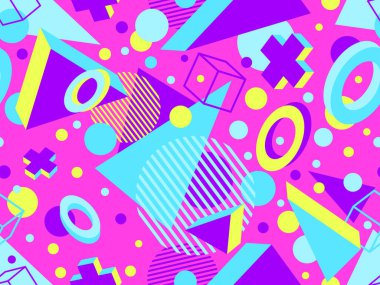 80 'lerin tarzında 3 boyutlu geometrik kusursuz desen. Üç boyutlu izometrik üçgenler, zikzaklar ve daireler. Geometrik memphis tarzı. Promosyon ürünleri, ambalaj kağıdı ve baskı için tasarım. Vektör illüstrasyonu