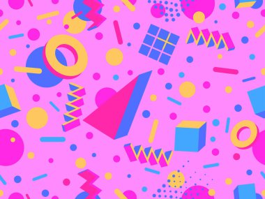 80 'lerin tarzında 3 boyutlu geometrik kusursuz desen. Üç boyutlu izometrik üçgenler, zikzaklar ve daireler. Geometrik memphis tarzı. Promosyon ürünleri, ambalaj kağıdı ve baskı için tasarım. Vektör illüstrasyonu