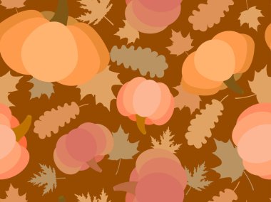 Balkabakları ve yapraklar pürüzsüz desen. Balkabağı, meşe ve akçaağaç yapraklı sonbahar arkaplanı. Afişler, ambalaj kağıtları ve promosyon ürünleri için tasarım. Vektör çizimi. Vektör illüstrasyonu