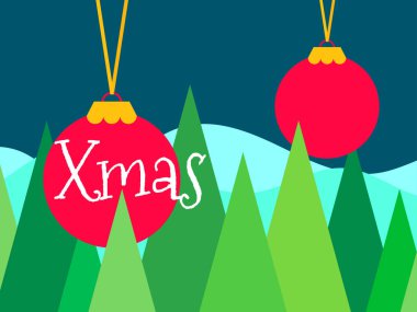 Mutlu noeller. Noel balosunda köknar ağacı pankartı asmak. Noel ağacı süslemesi. Kutlama kartı, davetiye ve pankart için Xmas tasarımı. Vektör illüstrasyonu