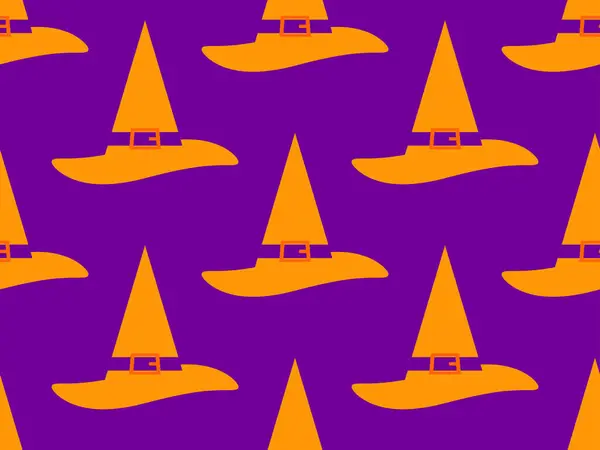 Hexenhut Nahtloses Muster Halloween Hintergrund Mit Orangefarbenem Hexenhut Auf Lila — Stockvektor