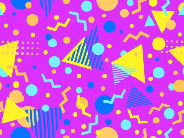 Memphis tarzında geometrik şekilli 80 'lerin kusursuz deseni. Daireler ve üçgenler. Promosyon ürünleri, afişler ve ambalaj kağıtları için renkli soyut bir arkaplan. Vektör illüstrasyonu