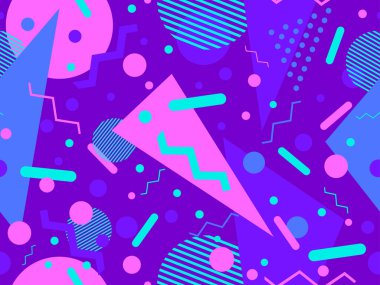 Memphis tarzında geometrik şekilli 80 'lerin kusursuz deseni. Daireler ve üçgenler. Promosyon ürünleri, afişler ve ambalaj kağıtları için renkli soyut bir arkaplan. Vektör illüstrasyonu