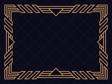 Sanat tarzında altın çerçeve. Klasik stil doğrusal kenar. Siyah arkaplanda altın çizgileri olan Art deco çerçeve. Davetiye, broşür ve tebrik kartı için bir şablon tasarla. Vektör illüstrasyonu