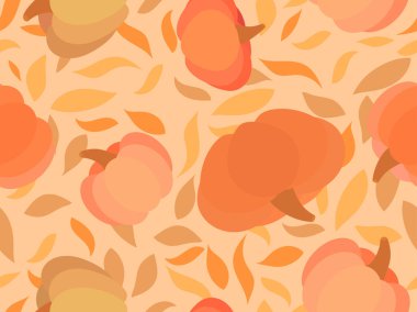 Sonbahar yaprakları ve balkabakları pürüzsüz desen. Sonbahar yaprakları sarı, bej ve turuncudur. Yaprak düştü. Kumaş, kağıt, poster ve afiş basmak için tasarlandı. Vektör illüstrasyonu