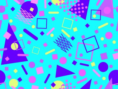 80 'lerin tarzında Memphis elementleriyle geometrik kusursuz desen. Renkli geometrik desen. Promosyon ürünleri tasarımı, ambalaj kağıdı ve baskı. Vektör illüstrasyonu